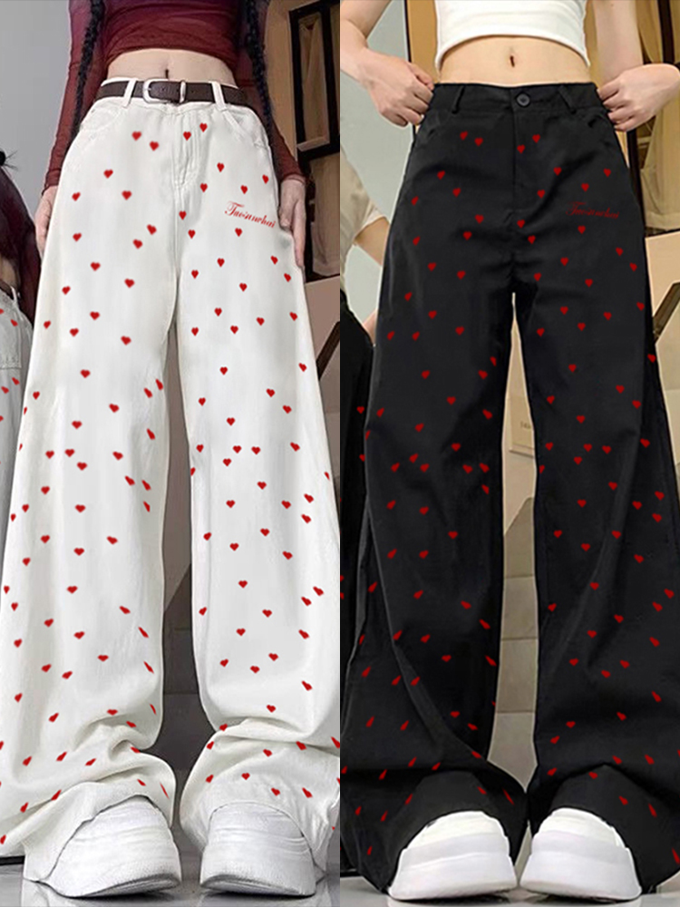 High-Waisted Retro Printed Women's Jeans, Casual Loose Straight Wide-Leg Pants, Trendy High Street Fashion, Y2K Style