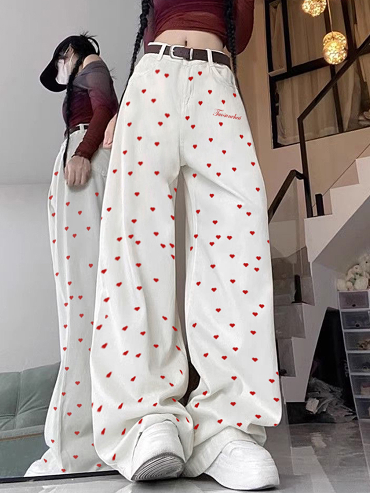 High-Waisted Retro Printed Women's Jeans, Casual Loose Straight Wide-Leg Pants, Trendy High Street Fashion, Y2K Style High-Waisted Retro Printed Women's Jeans, Casual Loose Straight Wide-Leg Pants, Trendy High Street Fashion, Y2K Style