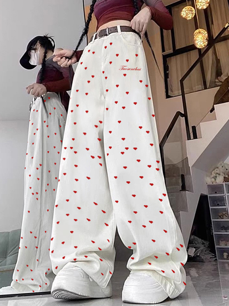 High-Waisted Retro Printed Women's Jeans, Casual Loose Straight Wide-Leg Pants, Trendy High Street Fashion, Y2K Style High-Waisted Retro Printed Women's Jeans, Casual Loose Straight Wide-Leg Pants, Trendy High Street Fashion, Y2K Style