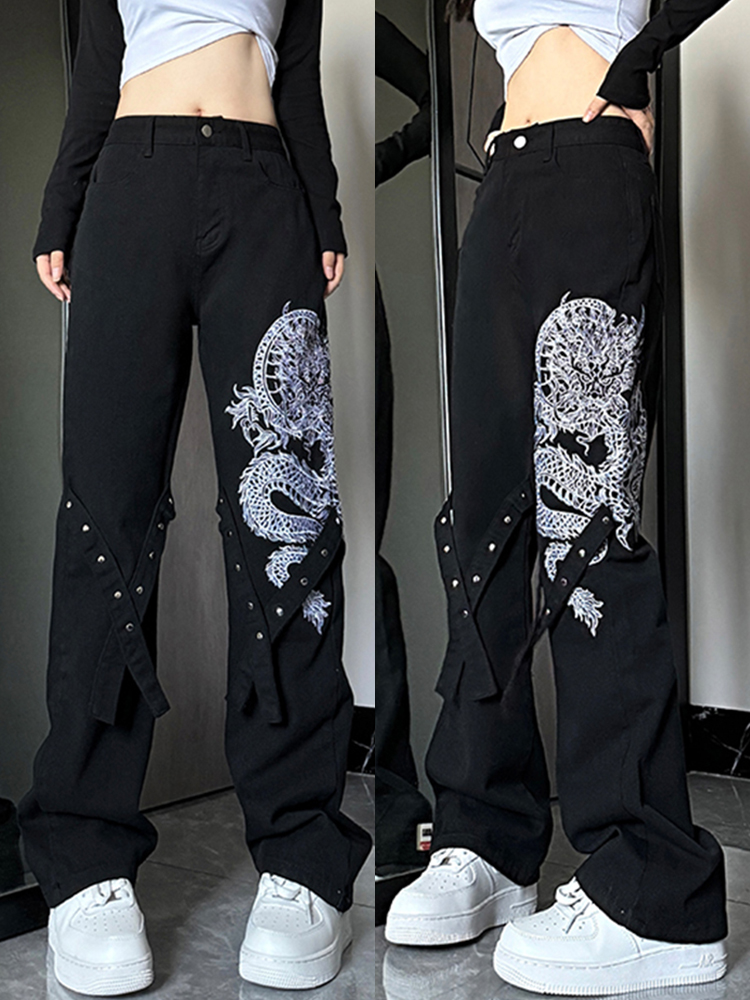 High-Waisted Slim-Fit Flared Jeans for Women - American-Style Embroidered Casual Pants, Trendy High Street Fashion