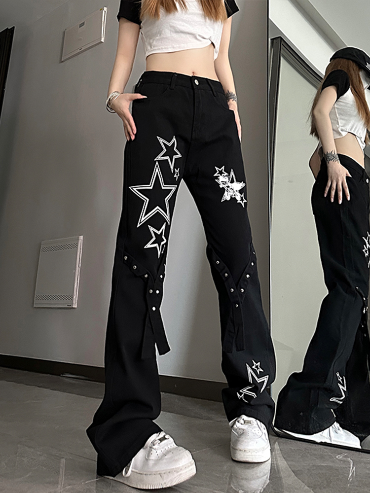 High-Waisted Slim-Fit Flared Jeans for Women, American-Style Star Design, Trendy Niche Fashion, Casual 90s Look High-Waisted Slim-Fit Flared Jeans for Women, American-Style Star Design, Trendy Niche Fashion, Casual 90s Look