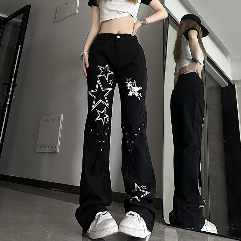 High-Waisted Slim-Fit Flared Jeans for Women, American-Style Star Design, Trendy Niche Fashion, Casual 90s Look