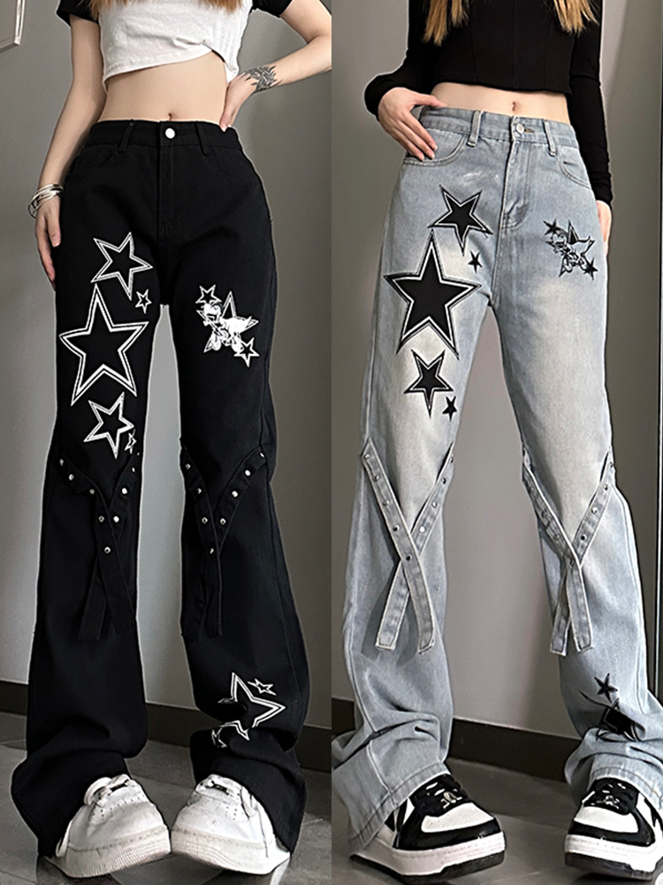 High-Waisted Slim-Fit Flared Jeans for Women, American-Style Star Design, Trendy Niche Fashion, Casual 90s Look