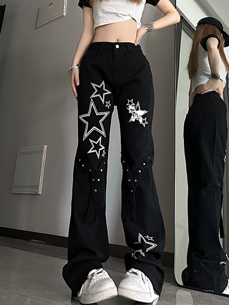 High-Waisted Slim-Fit Flared Jeans for Women, American-Style Star Design, Trendy Niche Fashion, Casual 90s Look High-Waisted Slim-Fit Flared Jeans for Women, American-Style Star Design, Trendy Niche Fashion, Casual 90s Look
