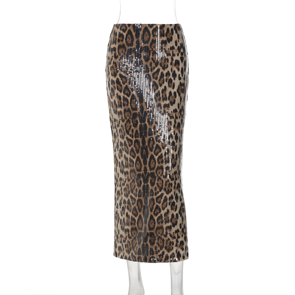 High-Waisted Slim Fit Leopard Print Reflective Patch Split Hem Long Skirt - European American Instagram Style Fashion