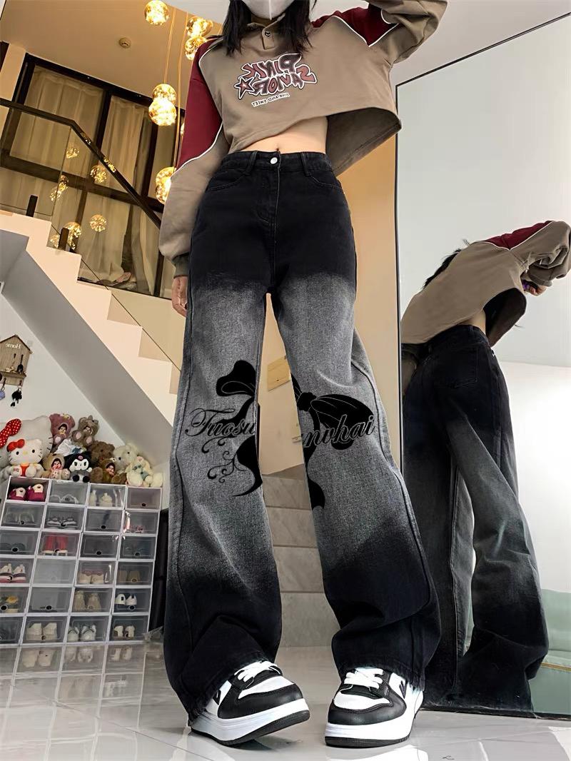 High-Waisted Slim Straight Wide-Leg Jeans for Women - Trendy Printed Casual American High Street Style Pants High-Waisted Slim Straight Wide-Leg Jeans for Women - Trendy Printed Casual American High Street Style Pants