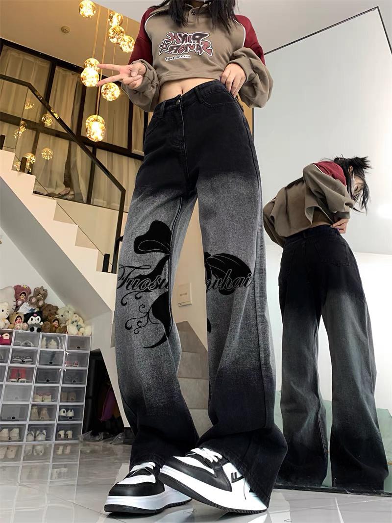 High-Waisted Slim Straight Wide-Leg Jeans for Women - Trendy Printed Casual American High Street Style Pants High-Waisted Slim Straight Wide-Leg Jeans for Women - Trendy Printed Casual American High Street Style Pants