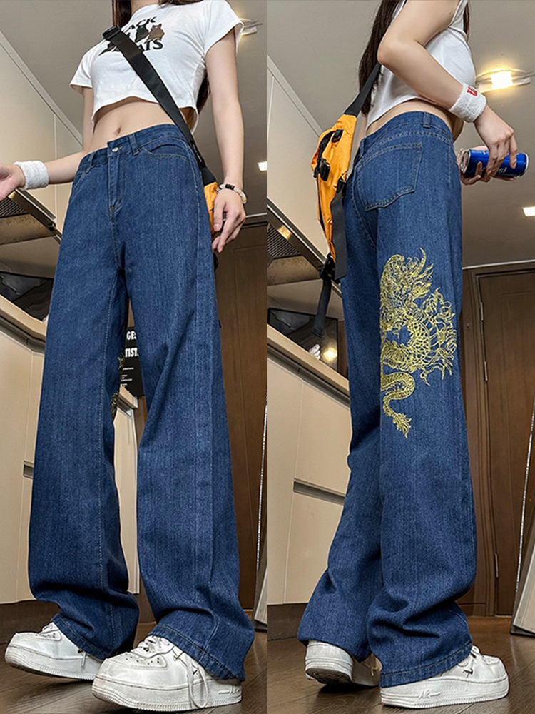 High-Waisted Slim Straight Wide-Leg Women's Jeans with Embroidery - Casual American High Street Style, Trendy Versatile Fashion