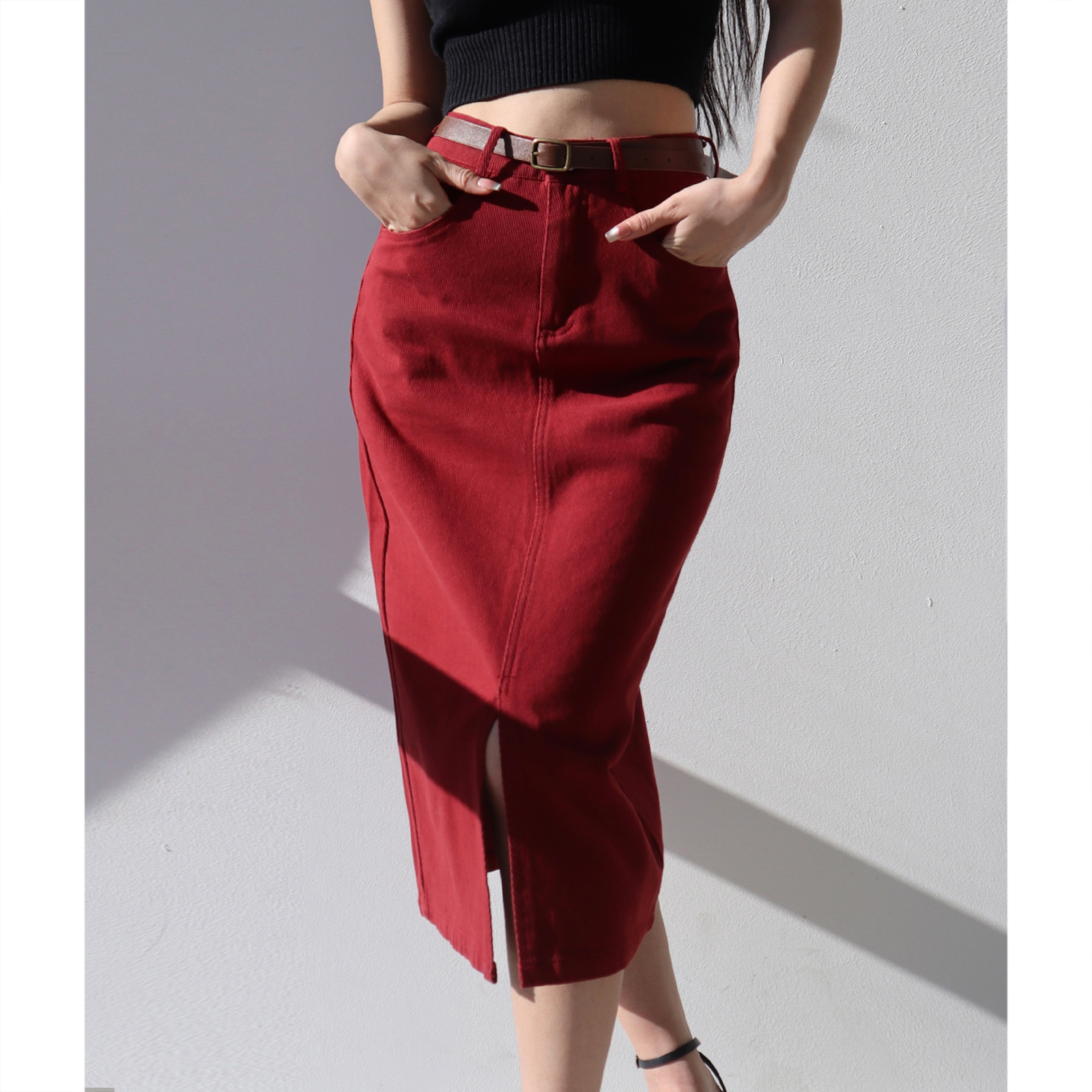 High-Waisted Split Midi Denim Skirt for Women - Versatile European and American Style, Perfect for Vacations and Showcasing Long Legs