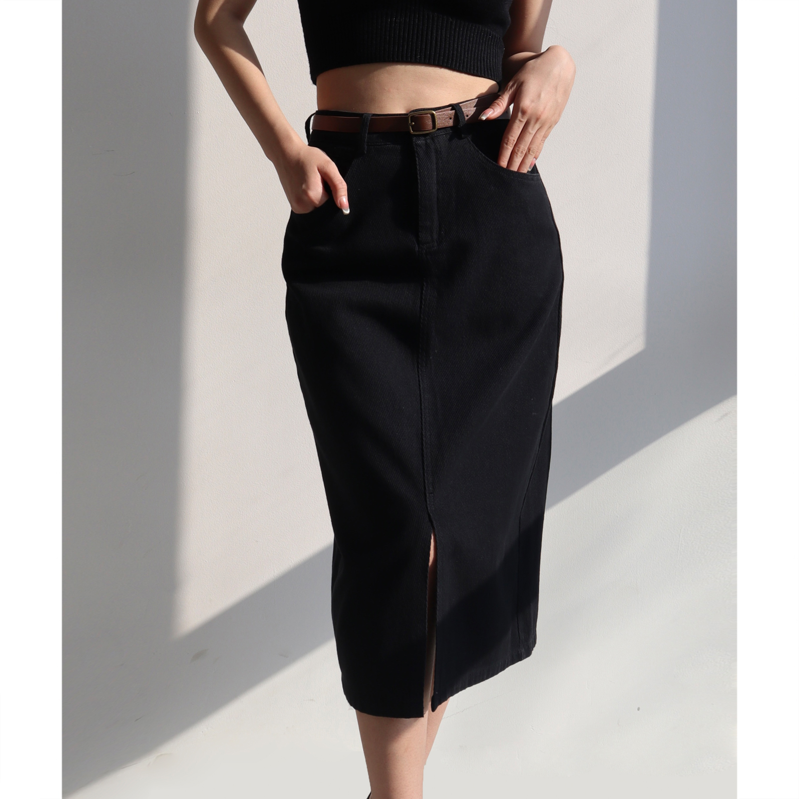 High-Waisted Split Midi Denim Skirt for Women - Versatile European and American Style, Perfect for Vacations and Showcasing Long Legs