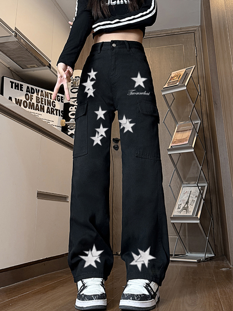High-Waisted Star Embroidered Workwear Jeans for Women - Casual Loose Straight-Leg Wide-Leg Floor-Length Pants High-Waisted Star Embroidered Workwear Jeans for Women - Casual Loose Straight-Leg Wide-Leg Floor-Length Pants