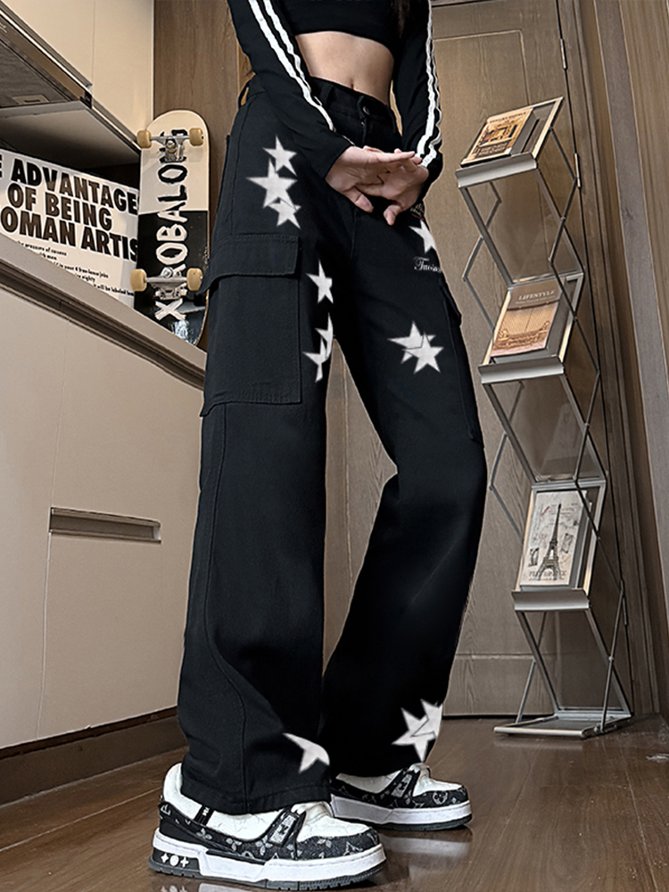 High-Waisted Star Embroidered Workwear Jeans for Women - Casual Loose Straight-Leg Wide-Leg Floor-Length Pants High-Waisted Star Embroidered Workwear Jeans for Women - Casual Loose Straight-Leg Wide-Leg Floor-Length Pants