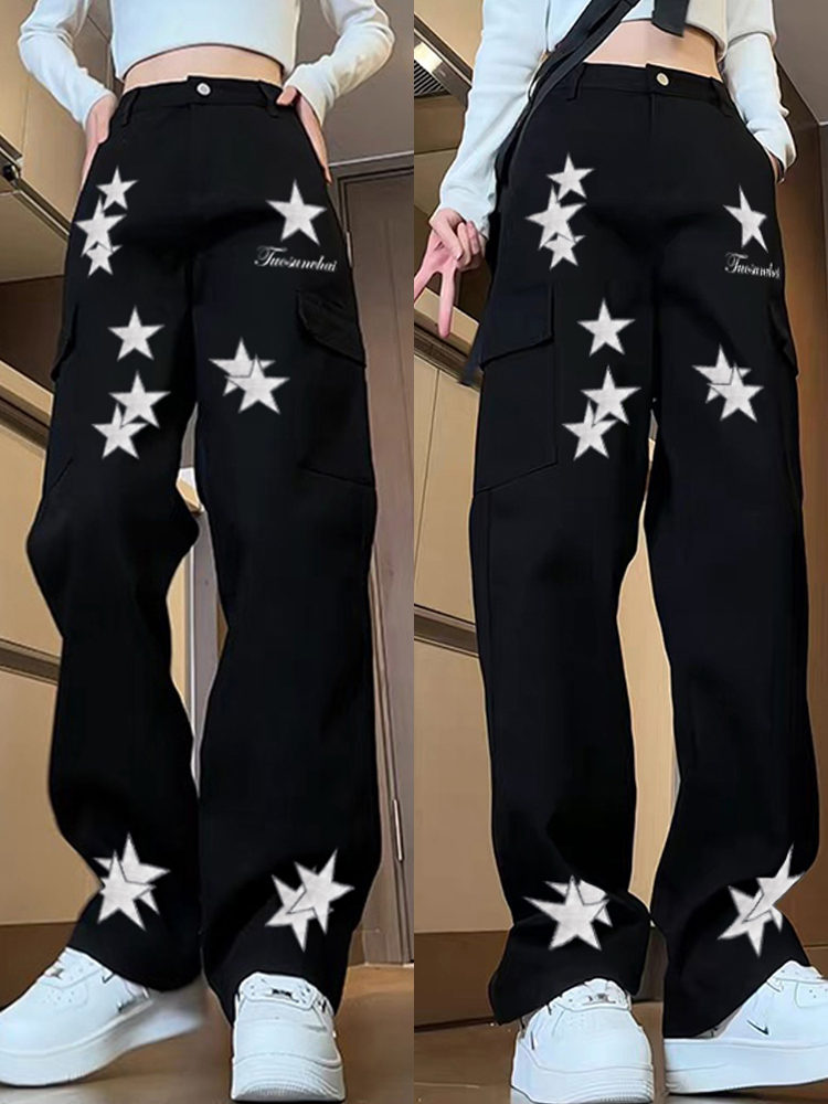 High-Waisted Star Embroidered Workwear Jeans for Women - Casual Loose Straight-Leg Wide-Leg Floor-Length Pants