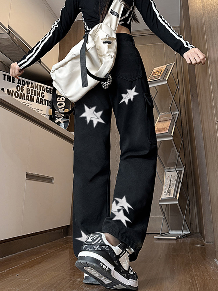 High-Waisted Star Embroidered Workwear Jeans for Women - Casual Loose Straight-Leg Wide-Leg Floor-Length Pants High-Waisted Star Embroidered Workwear Jeans for Women - Casual Loose Straight-Leg Wide-Leg Floor-Length Pants