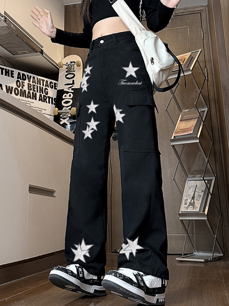 High-Waisted Star Embroidered Workwear Jeans for Women - Casual Loose Straight-Leg Wide-Leg Floor-Length Pants High-Waisted Star Embroidered Workwear Jeans for Women - Casual Loose Straight-Leg Wide-Leg Floor-Length Pants