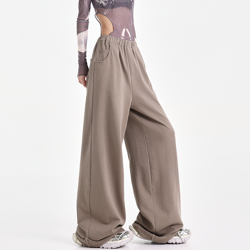 High-Waisted Straight Leg Cuffed Casual Pants for Tall Individuals - Loose Fit Sports Pants in Trendy American Style