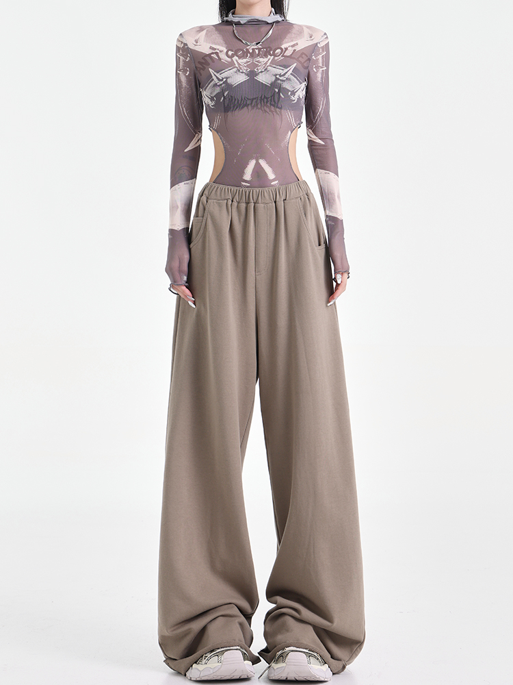 High-Waisted Straight Leg Cuffed Casual Pants for Tall Individuals - Loose Fit Sports Pants in Trendy American Style