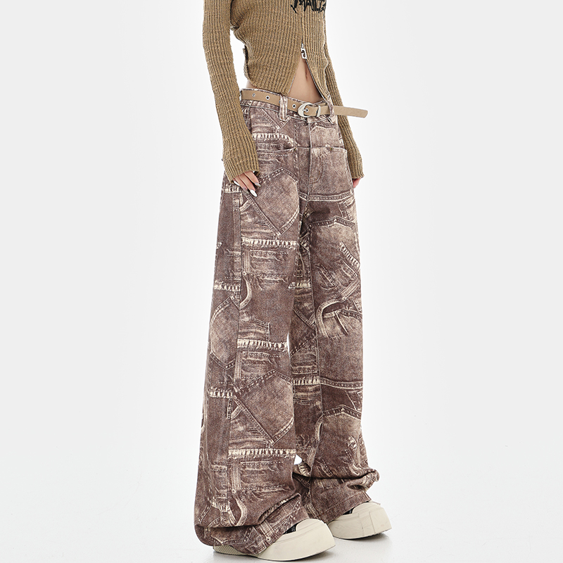 High-Waisted Straight-Leg Vintage Tie-Dye Print Jeans for Women - Early Autumn Wide-Leg Fashion Pants