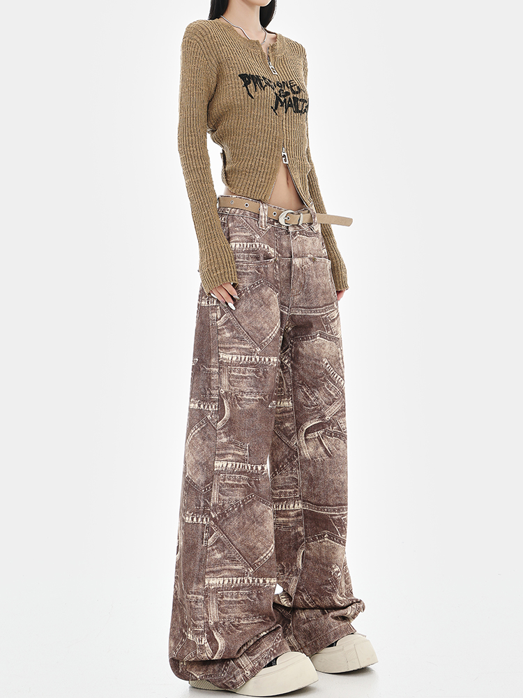 High-Waisted Straight-Leg Vintage Tie-Dye Print Jeans for Women - Early Autumn Wide-Leg Fashion Pants