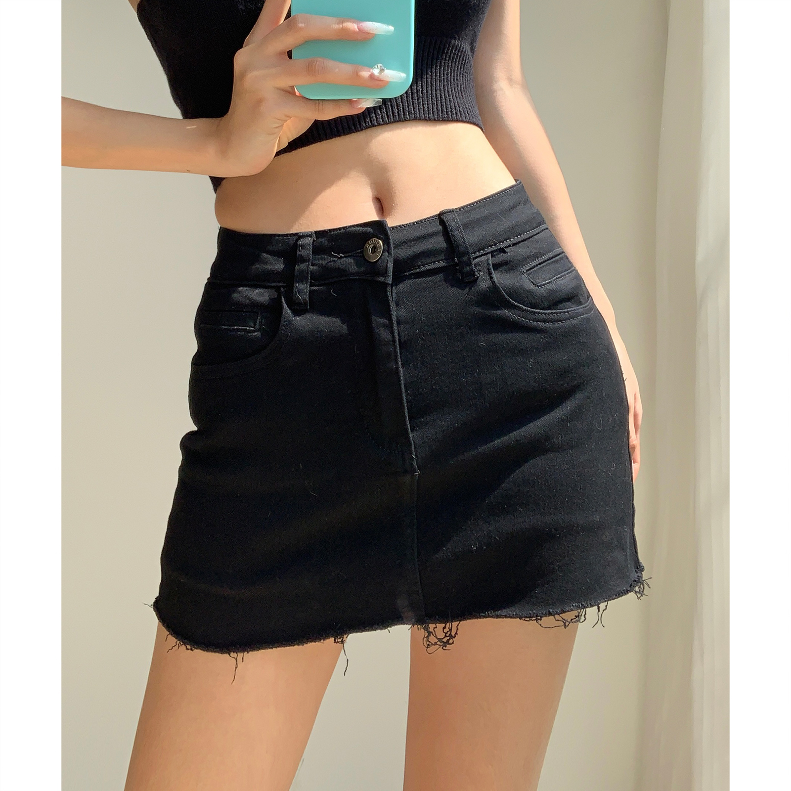 High-Waisted Stretch Slimming Denim Mini Skirt for Women - Retro European American Style, Fashionable Casual Wear