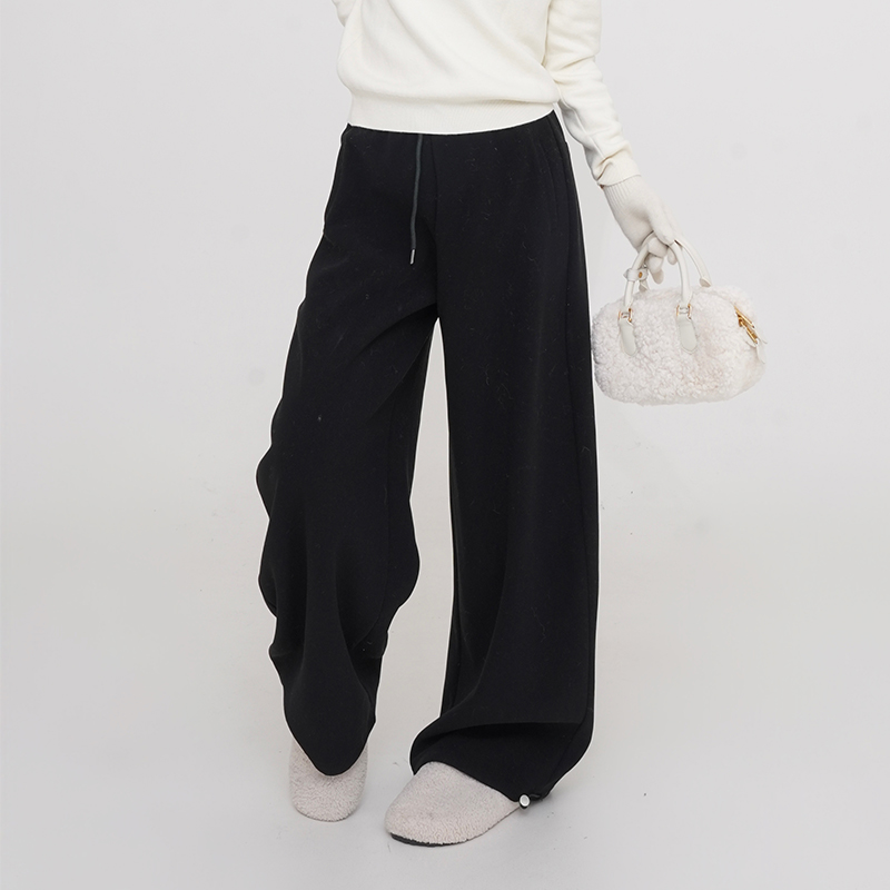 High-Waisted Thickened Straight Wide-Leg Pants for Women - Solid Color Loose Floor-Length Trousers in Korean Style for Autumn/Winter