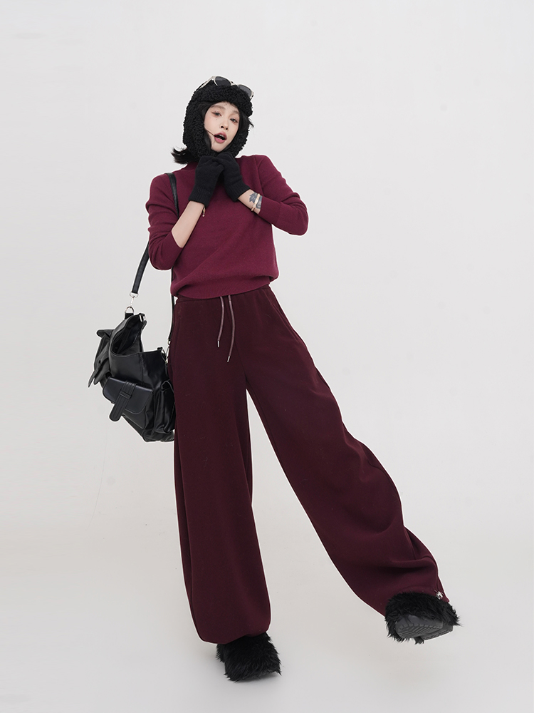 High-Waisted Thickened Straight Wide-Leg Pants for Women - Solid Color Loose Floor-Length Trousers in Korean Style for Autumn/Winter