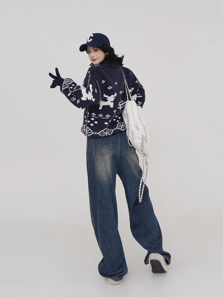 High-Waisted Thickened Wide-Leg Straight-Leg Jeans for Women - Blue Loose Floor-Length Winter Pants in Korean Style High-Waisted Thickened Wide-Leg Straight-Leg Jeans for Women - Blue Loose Floor-Length Winter Pants in Korean Style