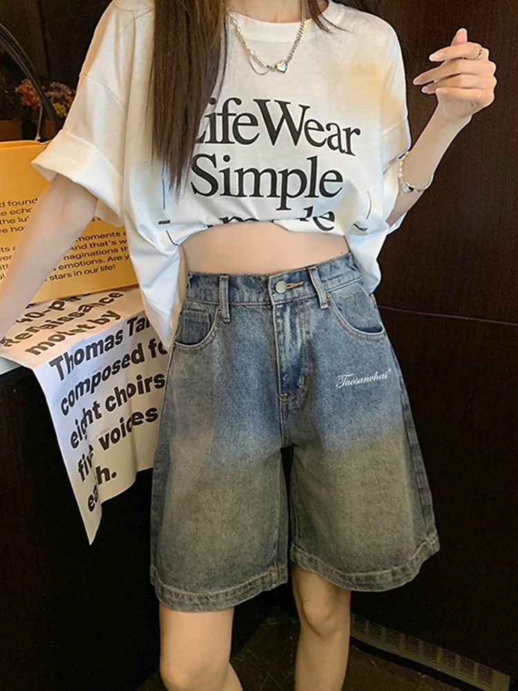 High-Waisted Vintage Blue Denim Shorts for Women, Summer Plus Size Loose Straight Wide-Leg Capris, American Style Fashion High-Waisted Vintage Blue Denim Shorts for Women, Summer Plus Size Loose Straight Wide-Leg Capris, American Style Fashion