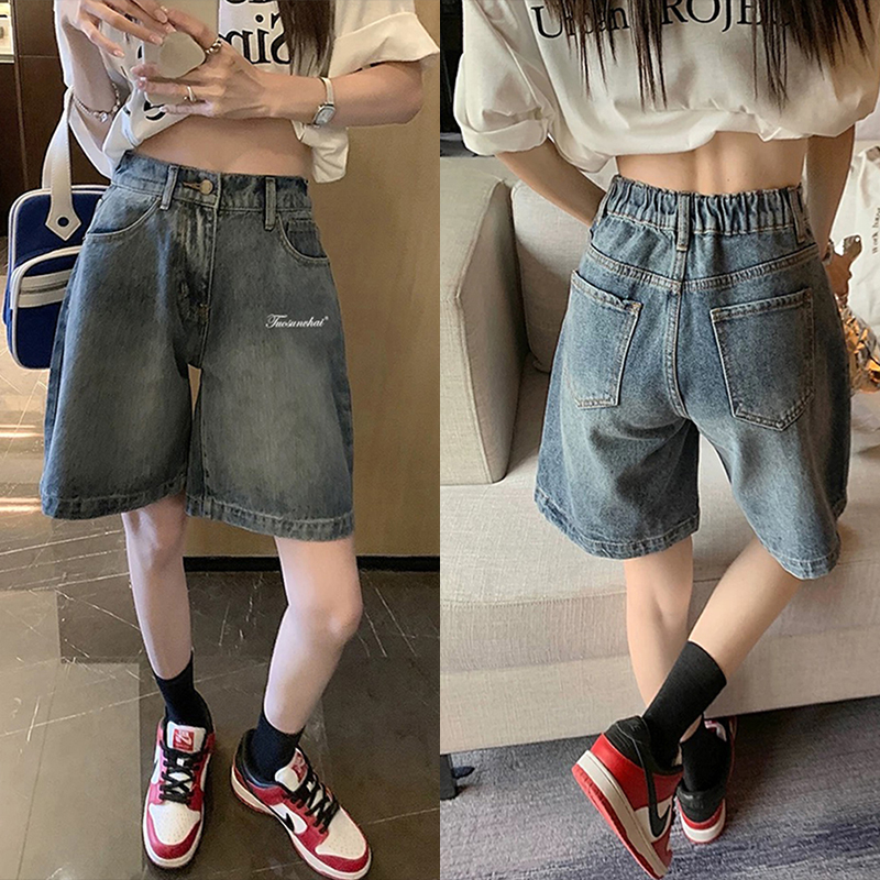 High-Waisted Vintage Blue Denim Shorts for Women, Summer Plus Size Loose Straight Wide-Leg Capris, American Style Fashion