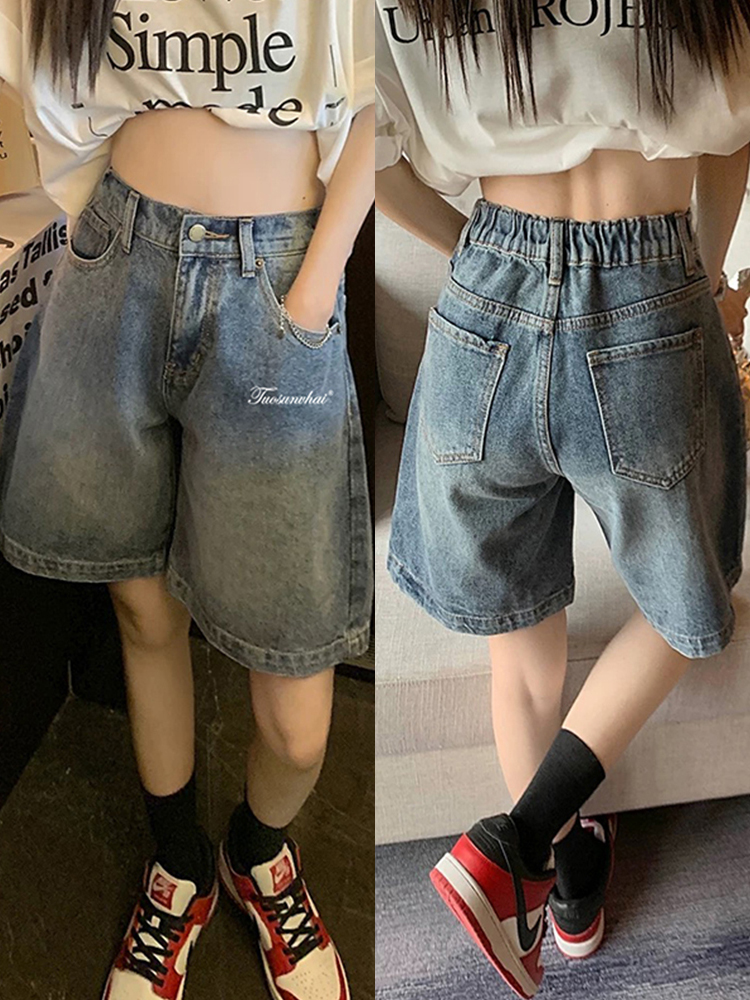 High-Waisted Vintage Blue Denim Shorts for Women, Summer Plus Size Loose Straight Wide-Leg Capris, American Style Fashion