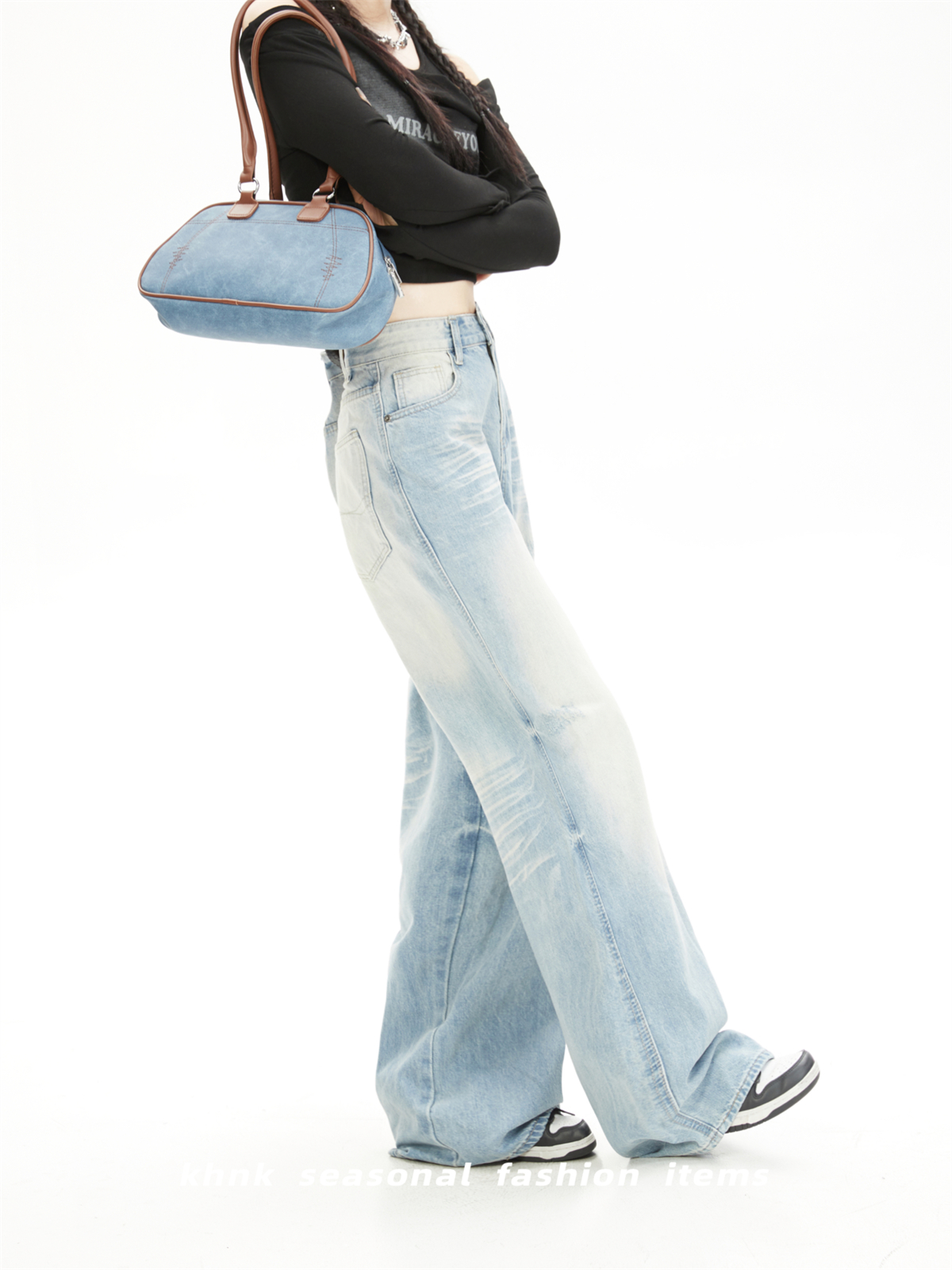 High-Waisted Vintage Blue Washed Gradient Cat Whisker Wide-Leg Jeans for Women - Casual Loose Draped Floor-Length Autumn Pants