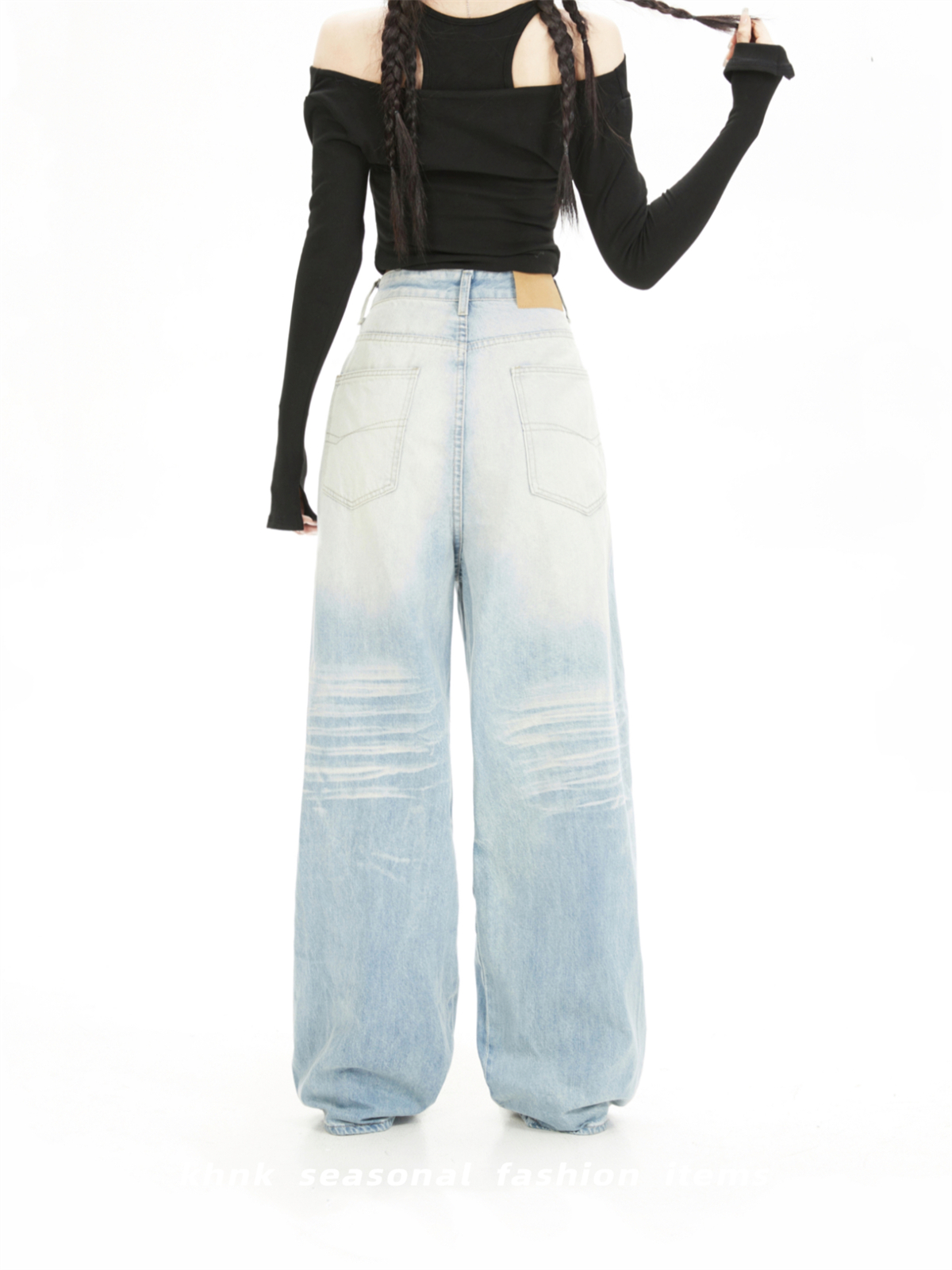 High-Waisted Vintage Blue Washed Gradient Cat Whisker Wide-Leg Jeans for Women - Casual Loose Draped Floor-Length Autumn Pants High-Waisted Vintage Blue Washed Gradient Cat Whisker Wide-Leg Jeans for Women - Casual Loose Draped Floor-Length Autumn Pants