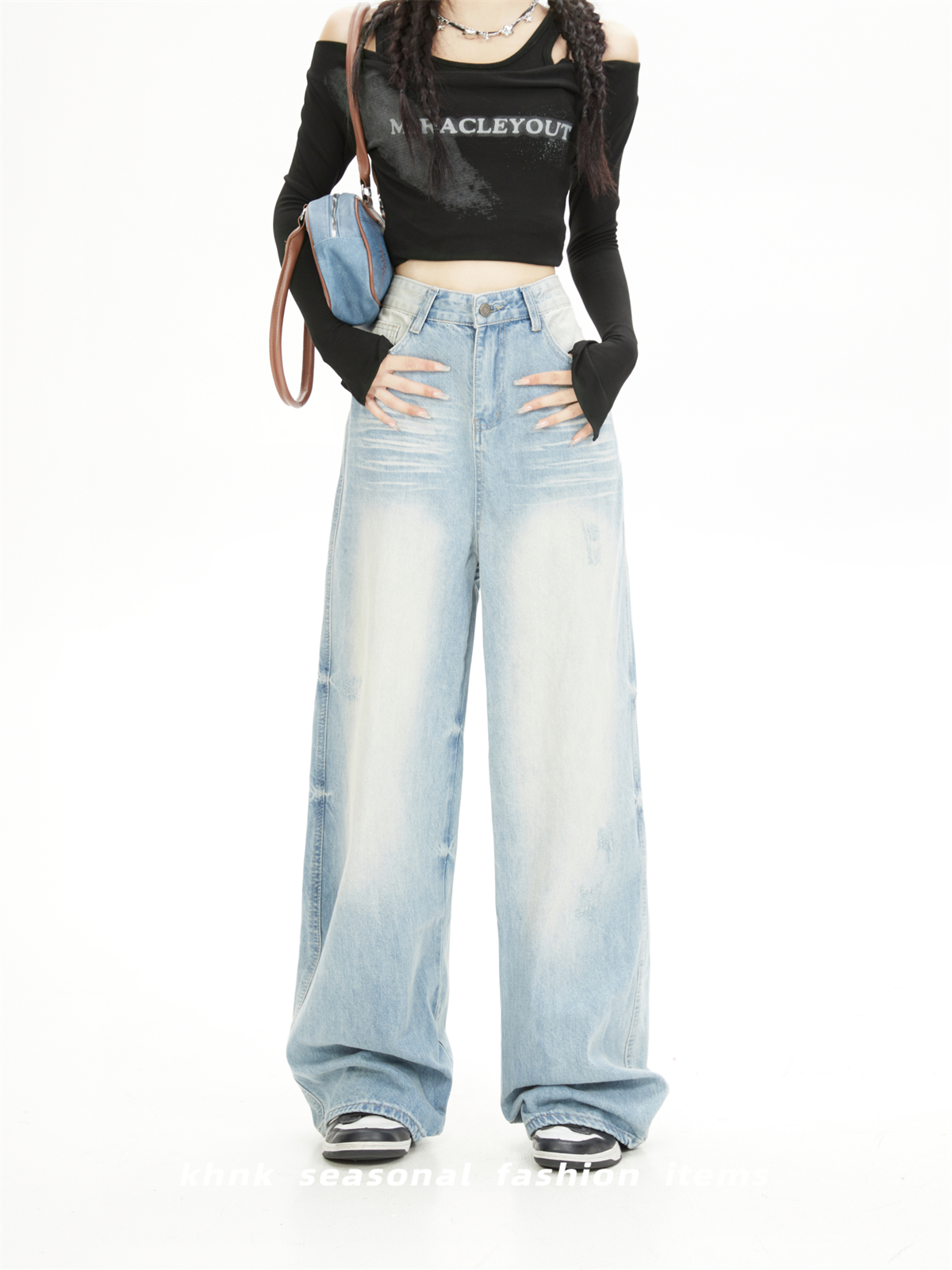 High-Waisted Vintage Blue Washed Gradient Cat Whisker Wide-Leg Jeans for Women - Casual Loose Draped Floor-Length Autumn Pants High-Waisted Vintage Blue Washed Gradient Cat Whisker Wide-Leg Jeans for Women - Casual Loose Draped Floor-Length Autumn Pants