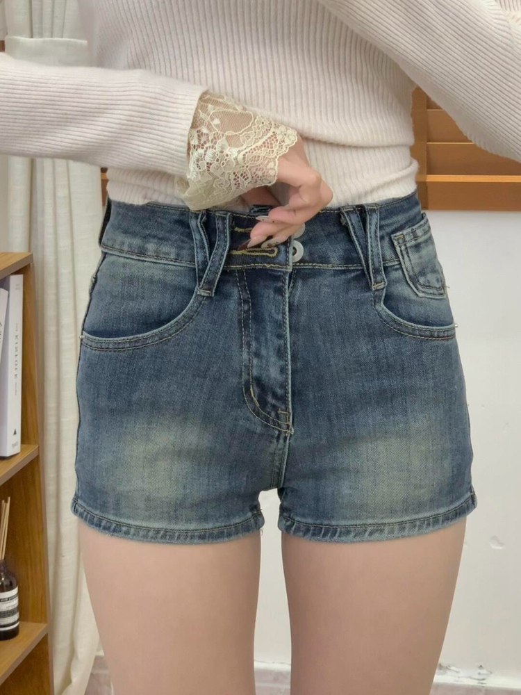 High-Waisted Vintage Distressed Denim Shorts for Women - Slim-Fit Stretchy Hot Pants for Summer Fashion
