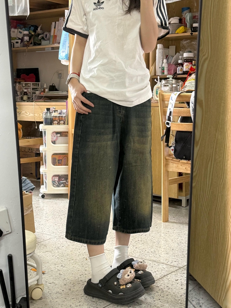 High-Waisted Vintage Washed Distressed Denim Capri Shorts for Women, Summer Loose Wide-Leg Slim Straight Mid-Length Pants