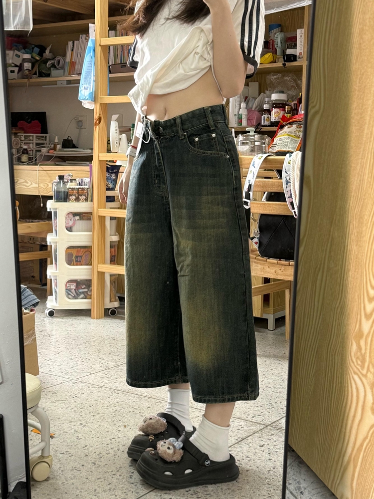 High-Waisted Vintage Washed Distressed Denim Capri Shorts for Women, Summer Loose Wide-Leg Slim Straight Mid-Length Pants