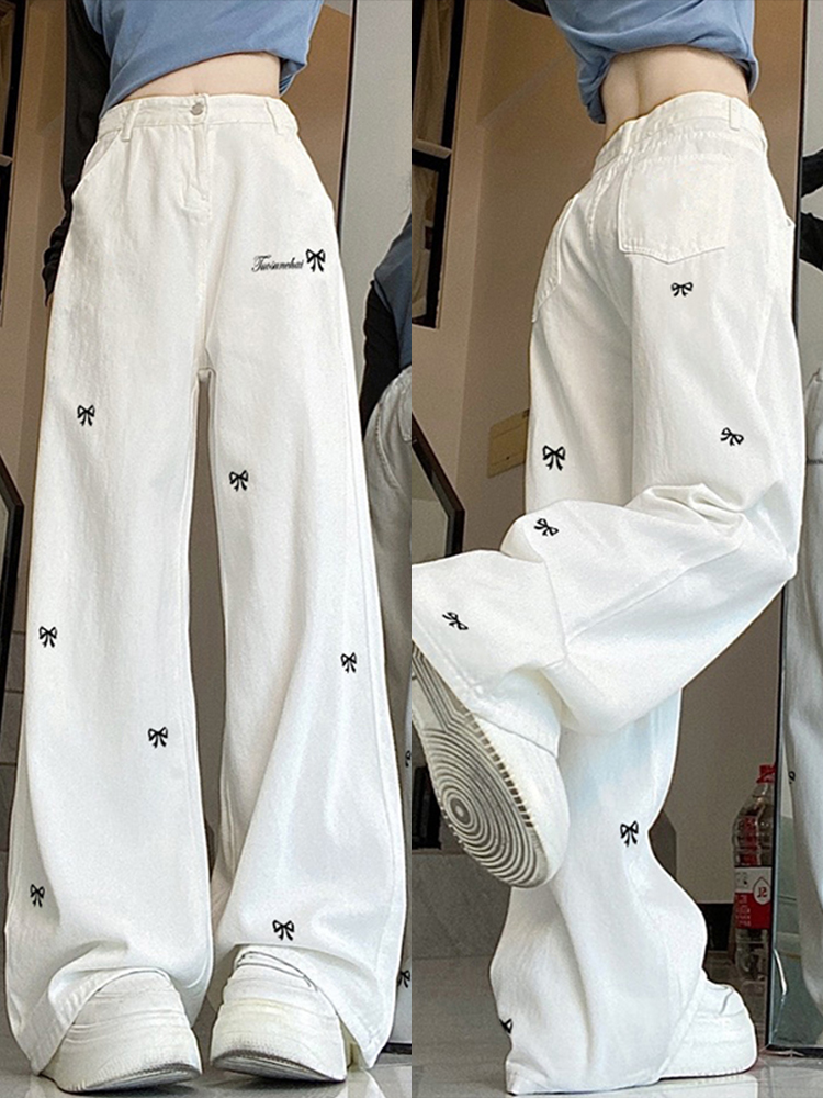 High-Waisted White Butterfly Knot Embroidered Wide-Leg Pants - American High Street Style for Women