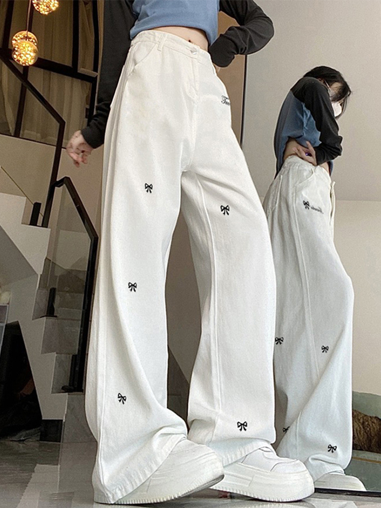 High-Waisted White Butterfly Knot Embroidered Wide-Leg Pants - American High Street Style for Women High-Waisted White Butterfly Knot Embroidered Wide-Leg Pants - American High Street Style for Women