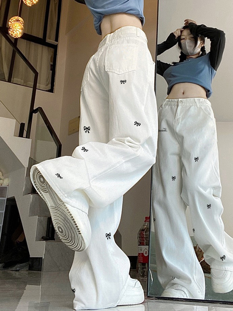 High-Waisted White Butterfly Knot Embroidered Wide-Leg Pants - American High Street Style for Women High-Waisted White Butterfly Knot Embroidered Wide-Leg Pants - American High Street Style for Women