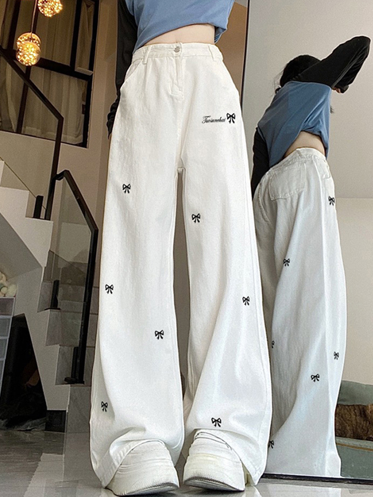 High-Waisted White Butterfly Knot Embroidered Wide-Leg Pants - American High Street Style for Women High-Waisted White Butterfly Knot Embroidered Wide-Leg Pants - American High Street Style for Women