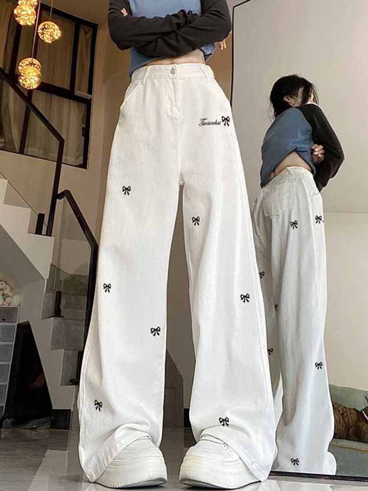 High-Waisted White Butterfly Knot Embroidered Wide-Leg Pants - American High Street Style for Women High-Waisted White Butterfly Knot Embroidered Wide-Leg Pants - American High Street Style for Women