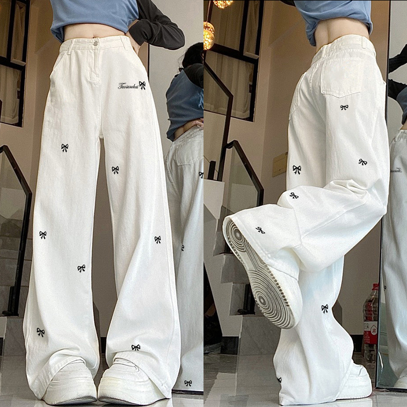 High-Waisted White Butterfly Knot Embroidered Wide-Leg Pants - American High Street Style for Women