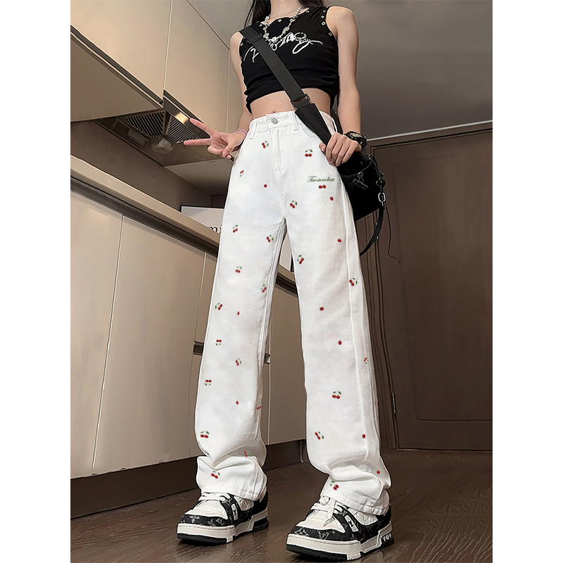 High-Waisted White Embroidered Wide-Leg Jeans for Women - Casual American Style High Street Fashion High-Waisted White Embroidered Wide-Leg Jeans for Women - Casual American Style High Street Fashion
