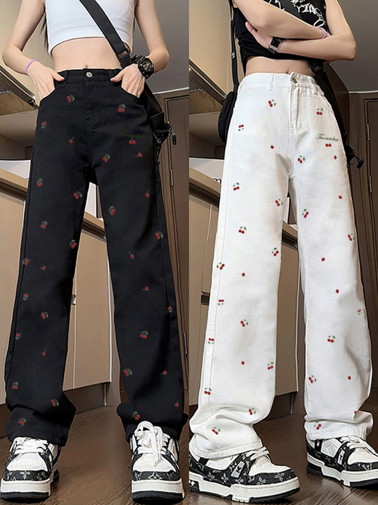 High-Waisted White Embroidered Wide-Leg Jeans for Women - Casual American Style High Street Fashion