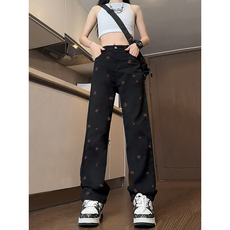 High-Waisted White Embroidered Wide-Leg Jeans for Women - Casual American Style High Street Fashion