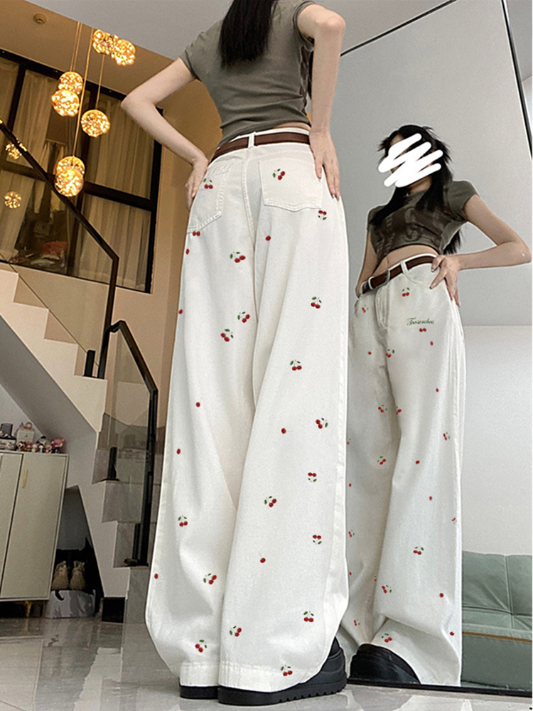 High-Waisted White Jeans for Women with Cherry Embroidery, American High Street Style, Slimming Straight-Leg Wide-Leg Casual Pants High-Waisted White Jeans for Women with Cherry Embroidery, American High Street Style, Slimming Straight-Leg Wide-Leg Casual Pants