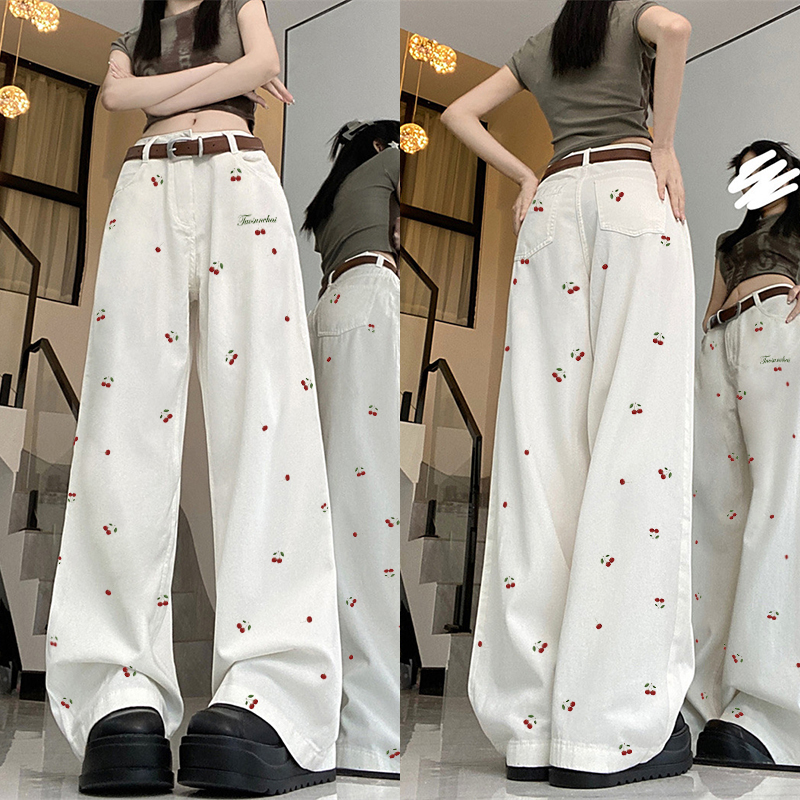 High-Waisted White Jeans for Women with Cherry Embroidery, American High Street Style, Slimming Straight-Leg Wide-Leg Casual Pants