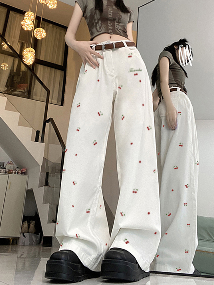High-Waisted White Jeans for Women with Cherry Embroidery, American High Street Style, Slimming Straight-Leg Wide-Leg Casual Pants High-Waisted White Jeans for Women with Cherry Embroidery, American High Street Style, Slimming Straight-Leg Wide-Leg Casual Pants
