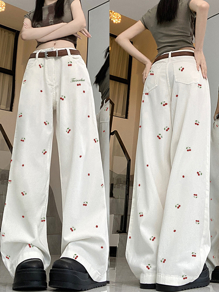 High-Waisted White Jeans for Women with Cherry Embroidery, American High Street Style, Slimming Straight-Leg Wide-Leg Casual Pants