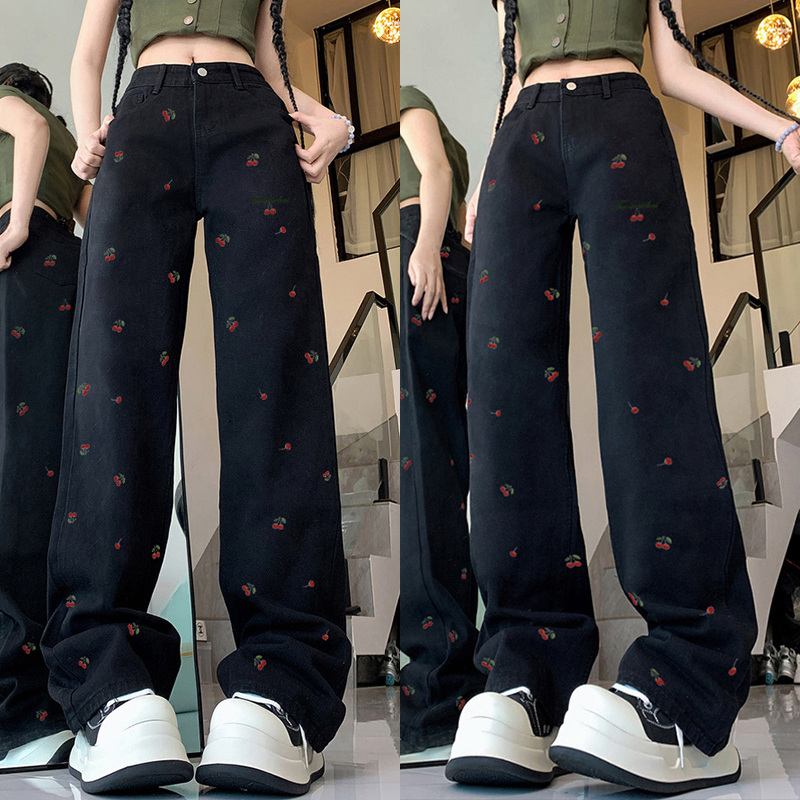 High-Waisted White Jeans for Women with Cherry Embroidery, American High Street Style, Slimming Straight-Leg Wide-Leg Casual Pants High-Waisted White Jeans for Women with Cherry Embroidery, American High Street Style, Slimming Straight-Leg Wide-Leg Casual Pants